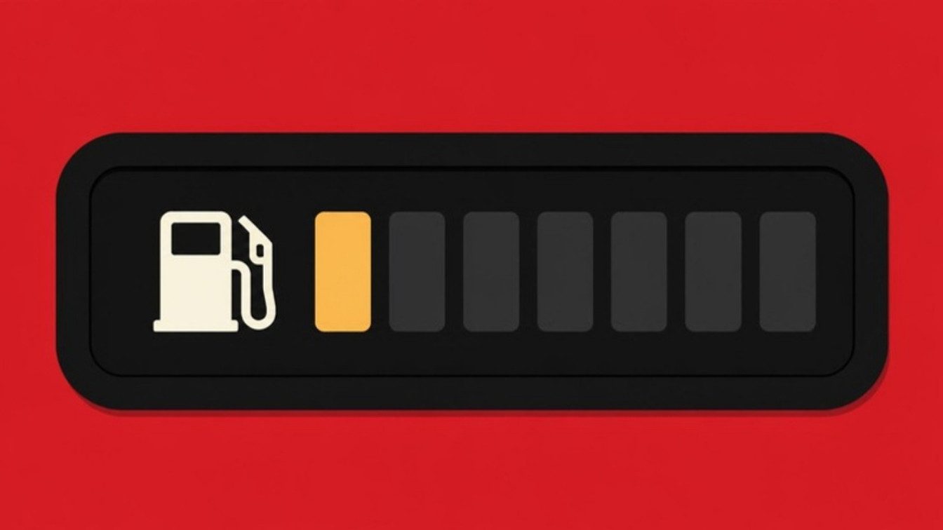 Ilustração de um visor digital de combustível com uma única barra acesa em amarelo e um ícone de bomba