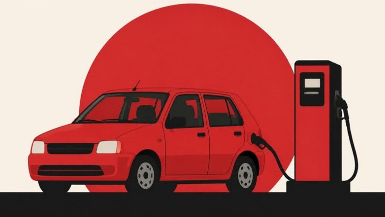 Ilustração de um carro compacto vermelho ao lado de uma bomba de combustível
