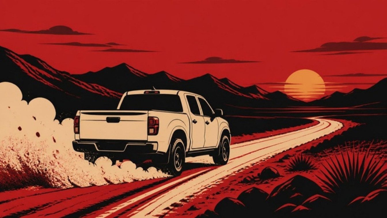 Ilustração de uma picape em uma estrada de terra ao pôr do sol, levantando poeira
