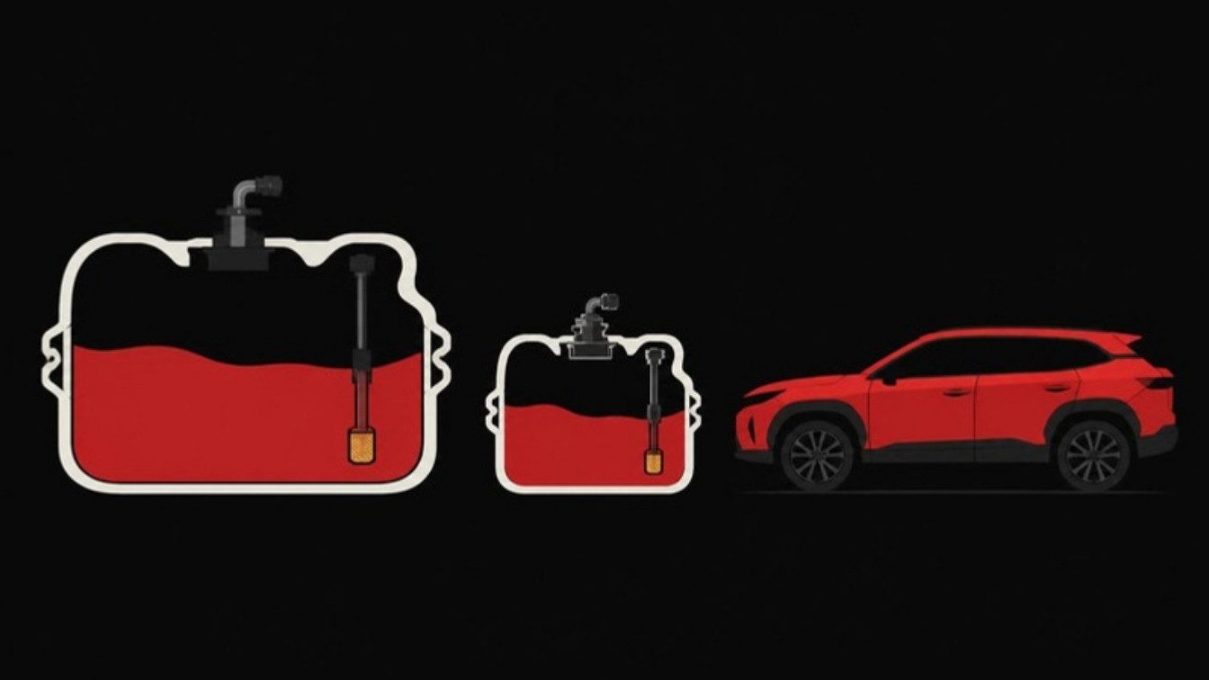 Ilustração de dois tanques de combustível de tamanhos diferentes ao lado de um SUV vermelho