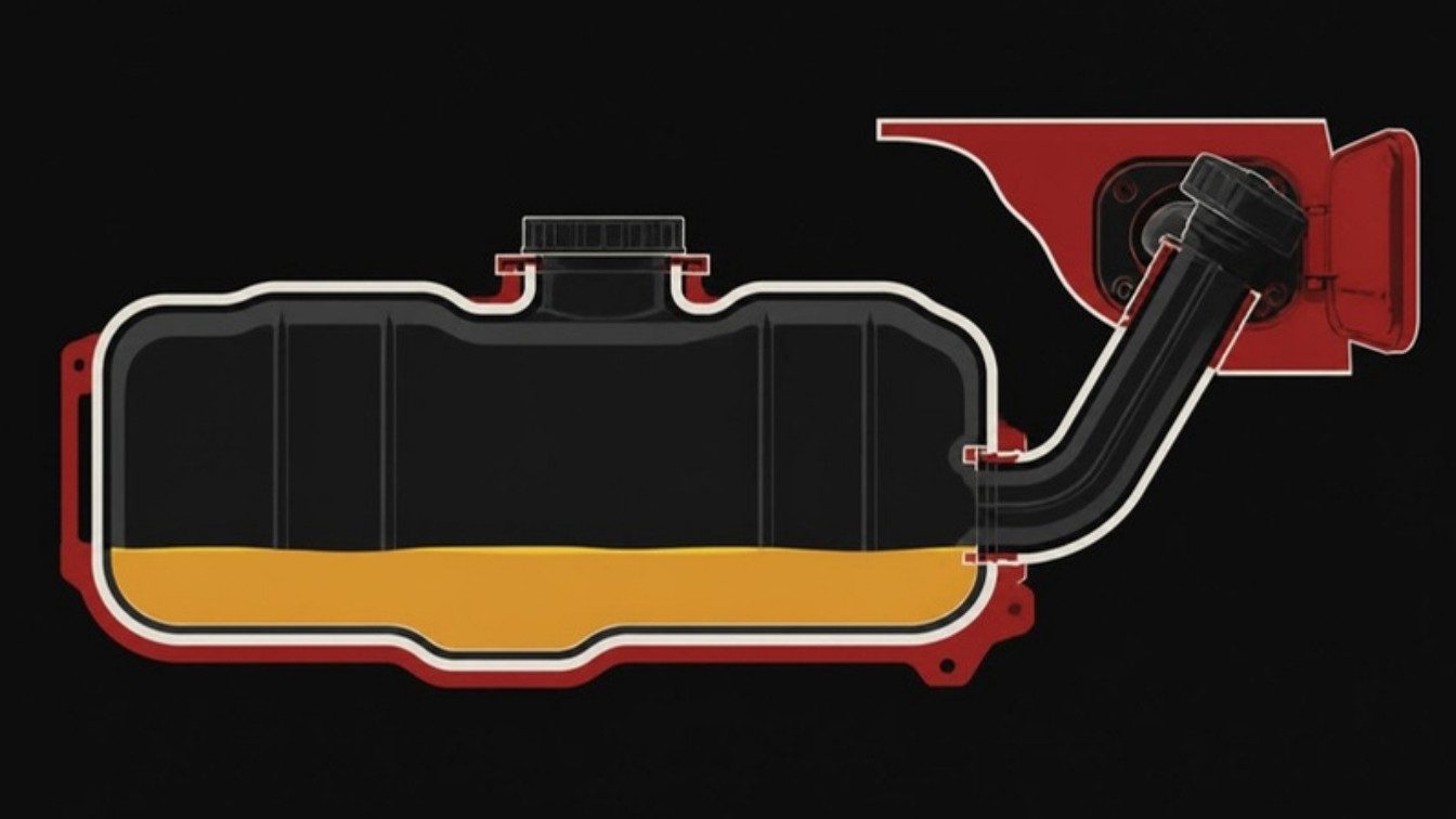 Ilustração de um tanque de combustível em corte com o nível baixo destacado em amarelo