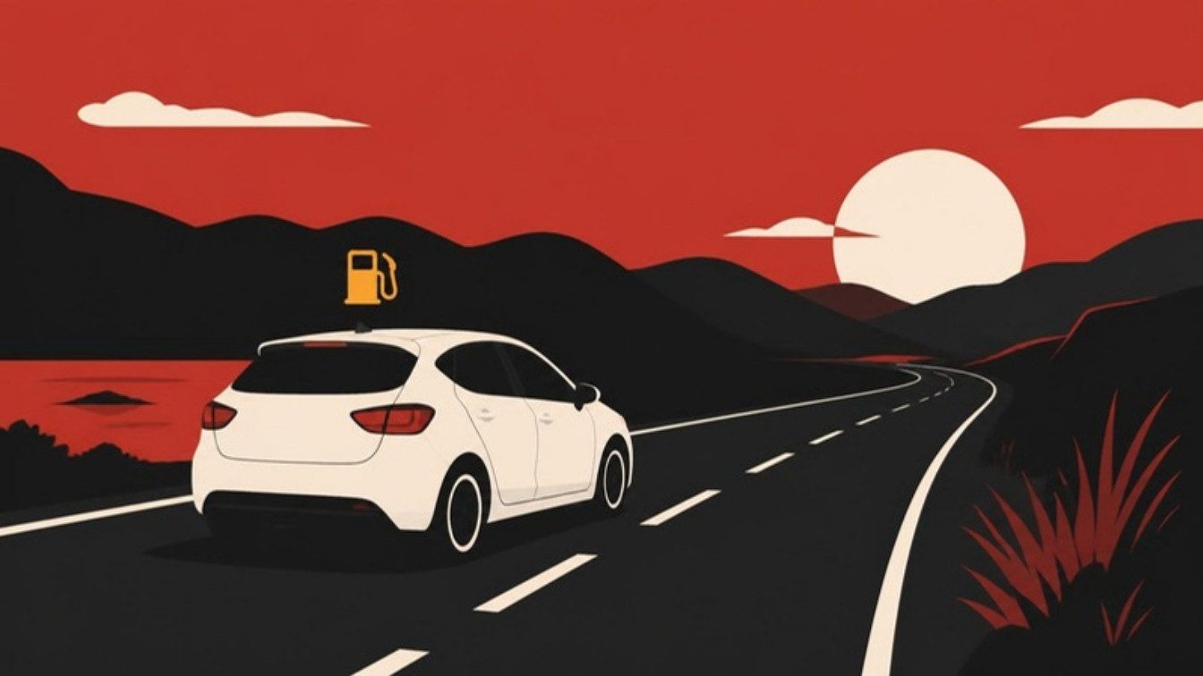 Ilustração de um carro branco em uma estrada ao pôr do sol, com um ícone amarelo de combustível no ar